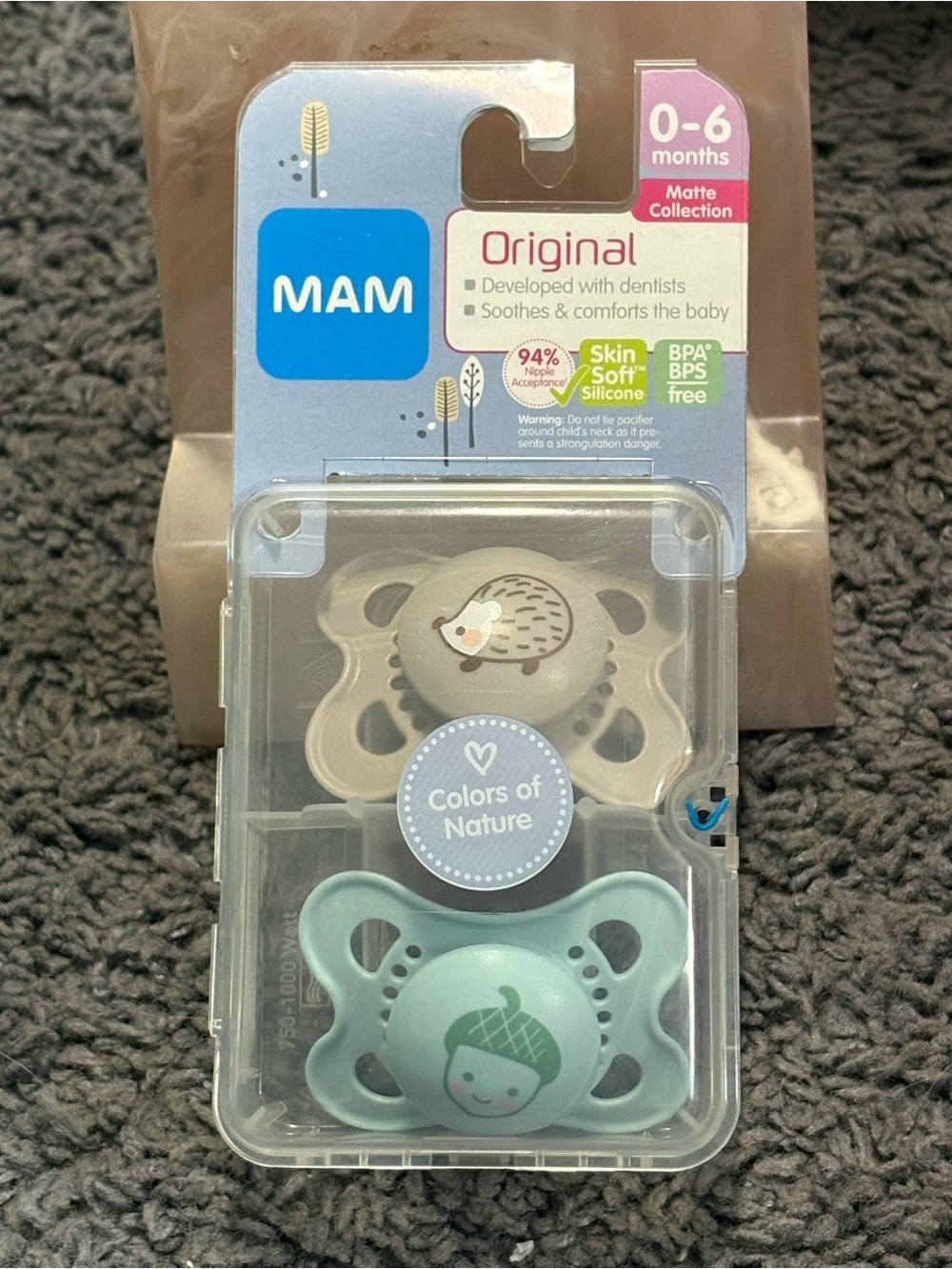 NWT Mam - Original - Matte Collection - brown hedgehog & blue acorn - 0-6 months